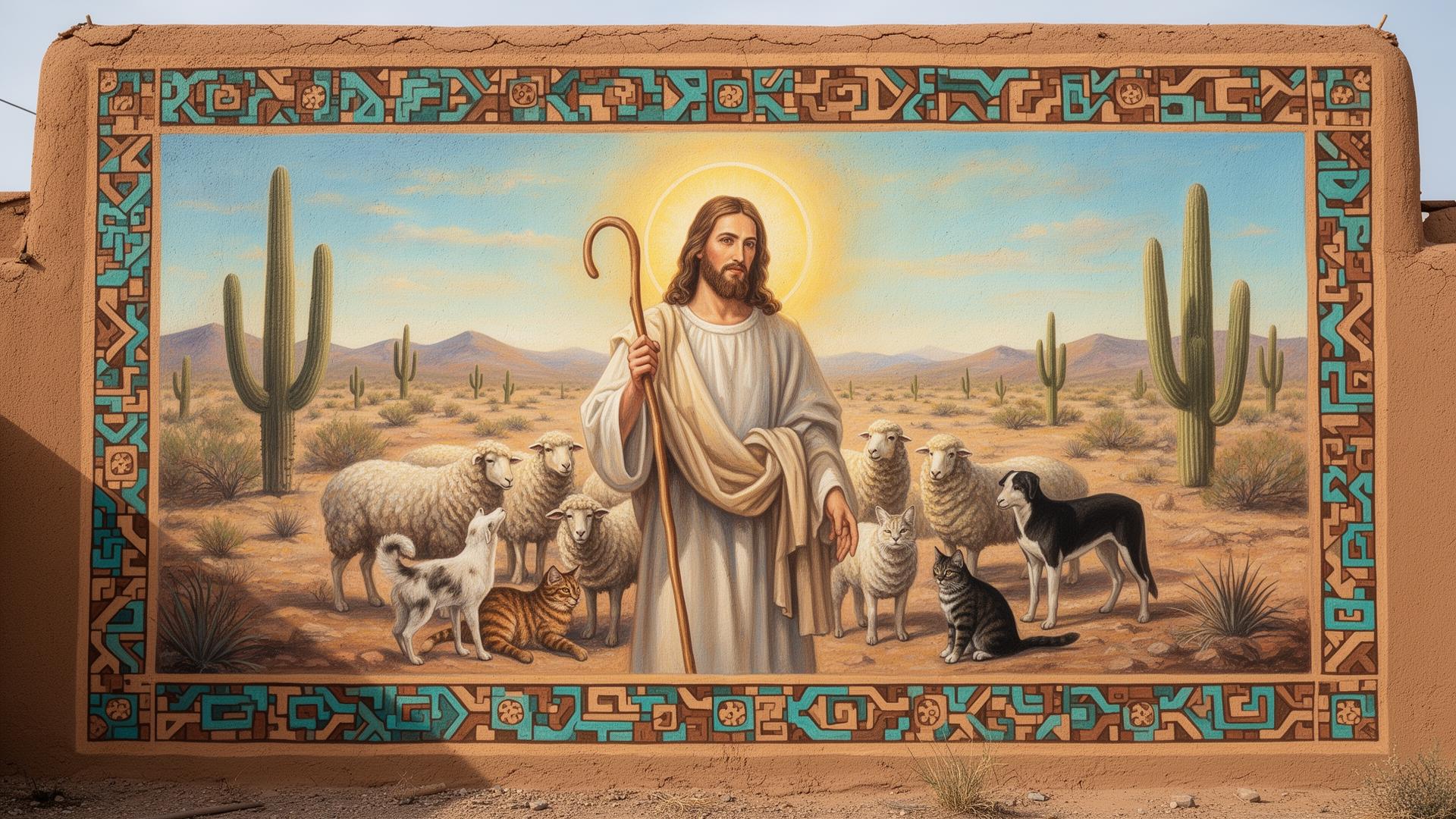 Mural concept: Jesus the Good Shepherd in the Sonoran desert